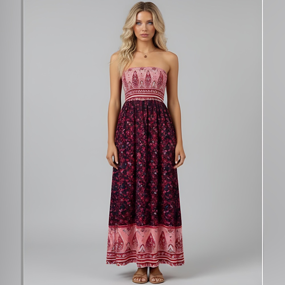 Red Boho Floral Print Tube Dress
